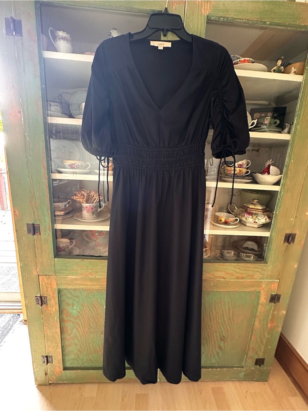 LOFT Black V-Neck Midi Dress with Puff Sleeves